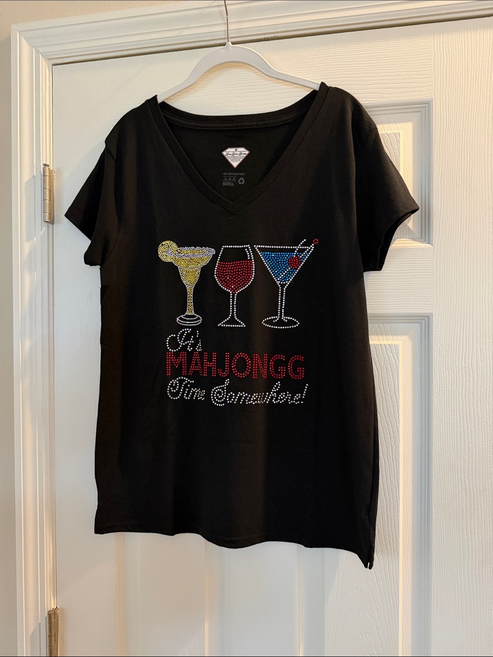 MahJongg Black V-Neck Women’s Tee with Rhinestone Cocktail Design